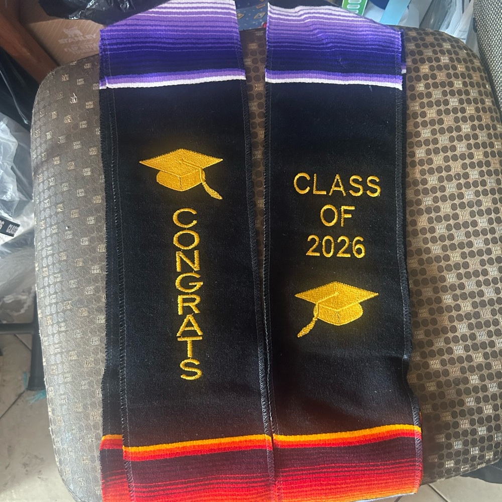 Graduation Stole - Black with Gold Embroidery and Purple Accent